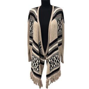 American Eagle Outfitters Tribal Pattern Open Cardigan Sweater w Fringe Neutral